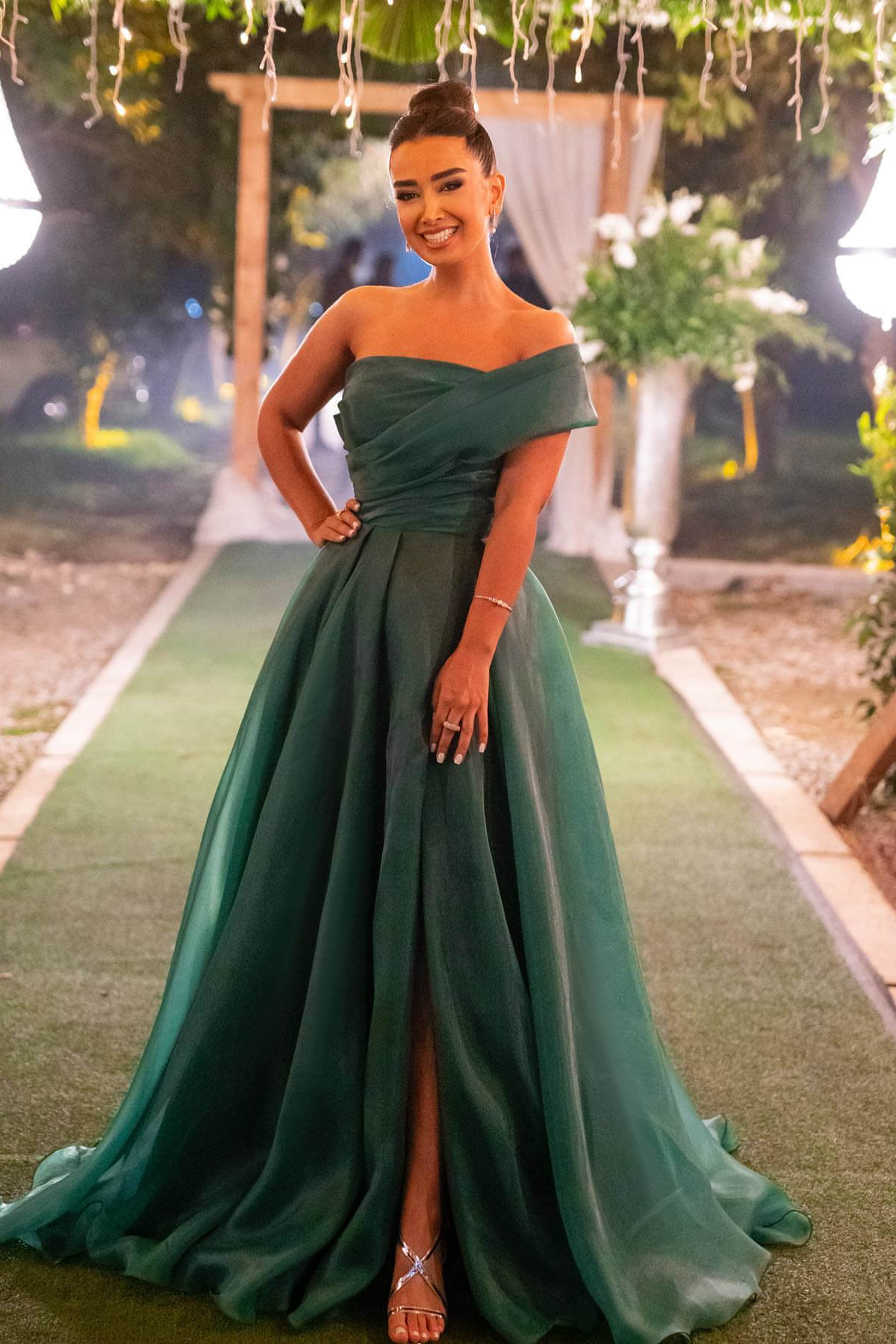 Dark green off-the-shoulder bow A-line evening dress