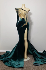 Dark Green One Shoulder Long Sleeve Formal Dress Mermaid Beaded With Split