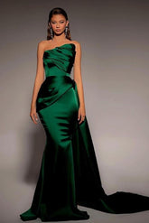 Dark Green One Shoulder Sleeveless Ruching Mermaid Satin Floor Length Formal Evening Gown