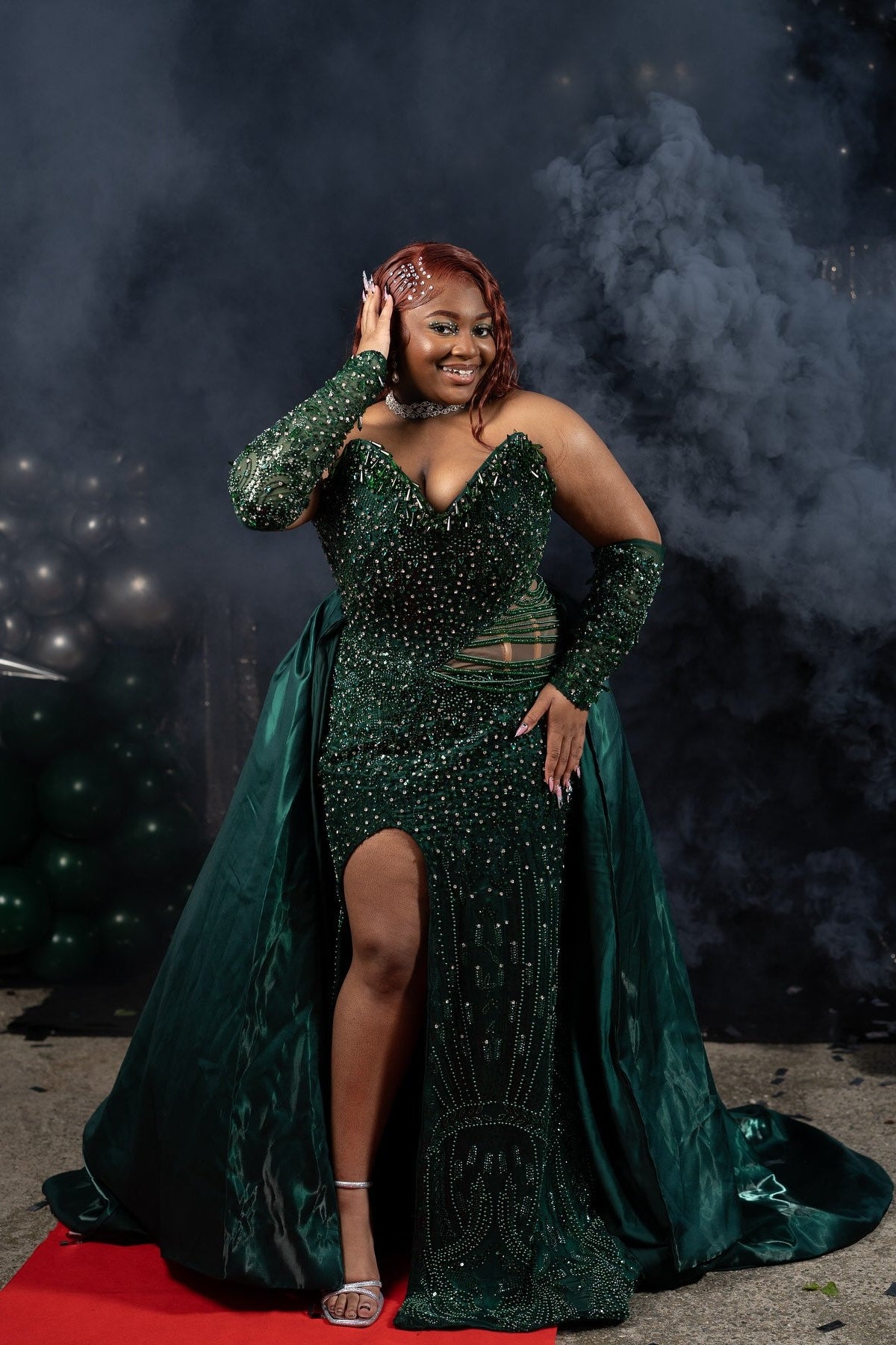 Dark Green Plus Size Mermaid Prom Dress Detachable Ball Gown Overskirt Off  Shoulder Sweetheart Heavy Dark Green Rhinestone Crystal Cluster Bugle Bead  Sequin Waist Cutout Sheer Illusion Long Gloves High Split |