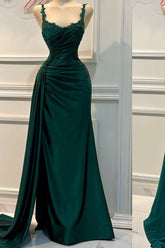 Dark Green Spaghetti Strap Sleeveless Mermaid Satin Applique Formal Evening Dress