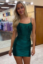 Dark Green Spaghetti Straps Bodycon Satin Corset Homecoming Dress with Beading