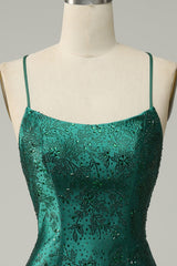 Dark Green Spaghetti Straps Floral Beading Rhinestone Scatter Satin Lace-Up Open Back Side Split Bodycon Homecoming Dress Mini