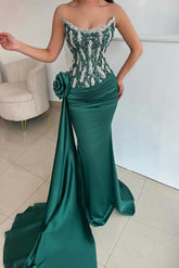 Dark Green Strapless Beaded Mermaid Satin 3D Floral Evening Gown with Sweep Train