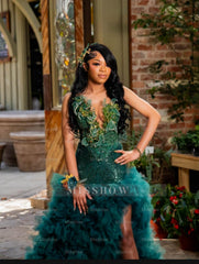 Dark Green Strapless V-neck Prom Dress 3D Floral Gown with Ruffles and Slit