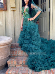 Dark Green Strapless V-neck Prom Dress 3D Floral Gown with Ruffles and Slit