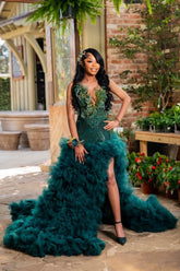 Dark Green Strapless V-neck Prom Dress 3D Floral Gown with Ruffles and Slit