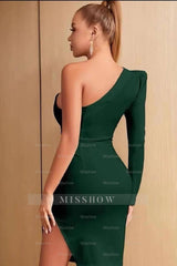 Dark Green Sweetheart Short Formal Dress Split With Long Sleeve Online One Shoulder