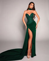 Dark Green Sweetheart Sleeveless Beaded Corset Mermaid Satin High Slit Floor Evening Gown