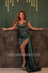 Dark Green Sweetheart Sleeveless Beaded Mermaid Satin Slit Floor Formal Evening Gown
