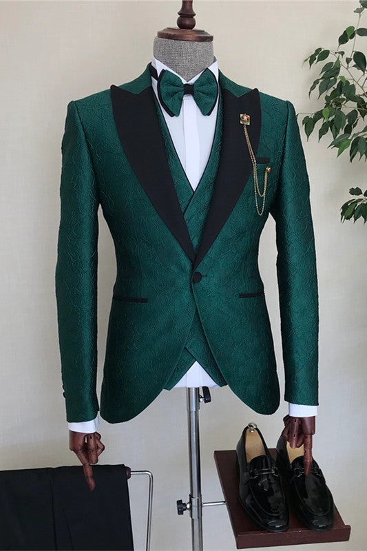 Dark Green Three-Piece Jacquard Peak Lapel Men’s Suit