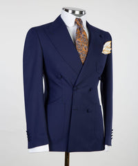 Dark Navy Double Breasted Peak Lapel Slim Fit Trendy Men’s Suits