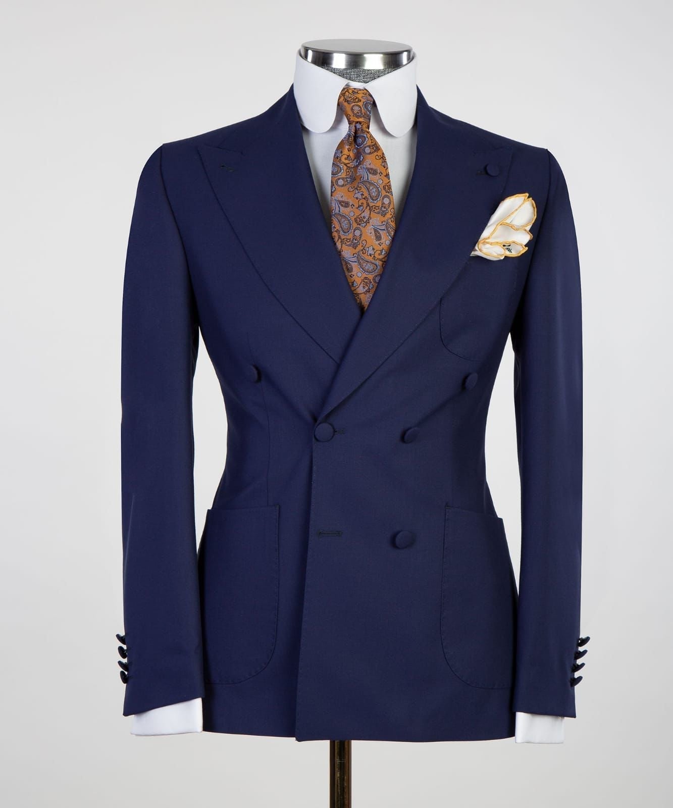 Dark Navy Double Breasted Peak Lapel Slim Fit Trendy Men’s Suits