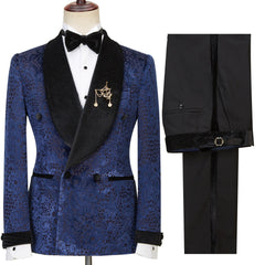 Dark Navy Jacquard Double Breasted Sparkling Shawl Lapel Men’s Wedding Attire