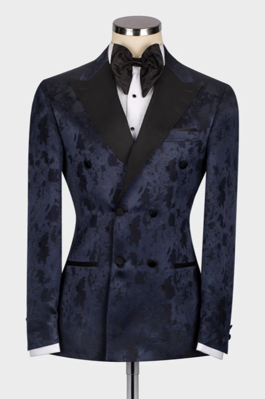 Dark Navy Jacquard Peaked Lapel Double Breasted Wedding Suit for Men