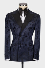 Dark Navy Jacquard Peaked Lapel Double Breasted Wedding Suit for Men