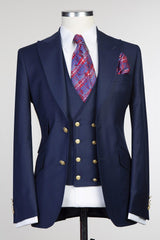 Dark Navy Stylish Peak Lapel Three-Piece Men’s Suits
