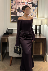 Dark purple off-the-shoulder ruched mermaid evening dress