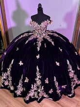 Dark Purple Off-the-Shoulder Sleeveless Floral Applique Ball Gown Quinceanera Dress