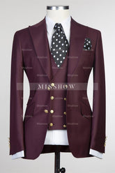 Darrell Trendy Burgundy Three-Piece Peak Lapel Men’s Suits