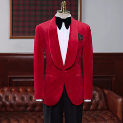 Dashing Red Velvet Shawl Lapel Wedding Suit For Men