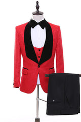 Fancy Red Jacquard Three-Piece Shawl Collar Groom's Suit