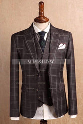 David Sophisticated Mocha Peaked Lapel Three-Piece Plaid Prom Attire