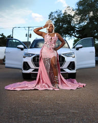 Dazzling Pink Sweetheart Sleeveless Mermaid Prom Dress with 3D Flowers and Detachable Train