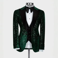 Decent Dark Green Three-Piece Sequined Peaked Lapel Prom Suit For Men