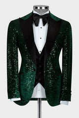 Decent Dark Green Three-Piece Sequined Peaked Lapel Prom Suit For Men