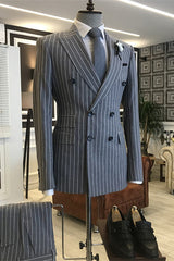 Deep Gray Striped Peaked Lapel Double-Breasted Formal Suit