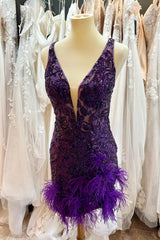 Deep Plunging V-Neck Wide Strap Floral Sequin Illusion Panel Open Back Dense Feather Hem Bodycon Homecoming Dress Mini