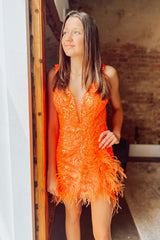 Deep Plunging V-Neck Wide Strap Floral Sequin Illusion Panel Open Back Dense Feather Hem Bodycon Homecoming Dress Mini