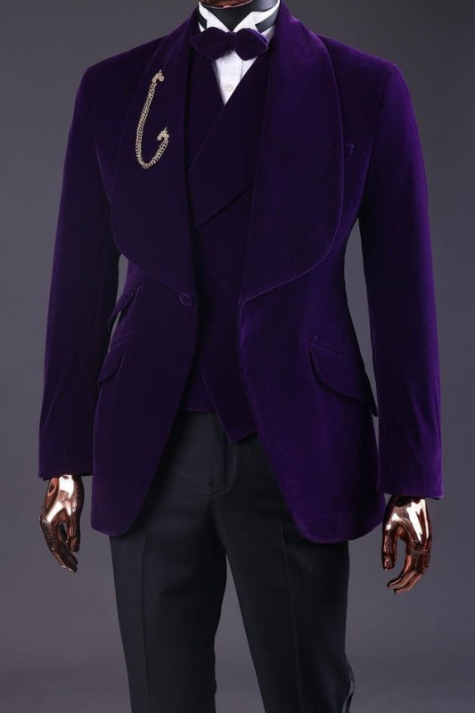 Deep Purple Shawl Lapel Three-Piece Velvet Wedding Suits