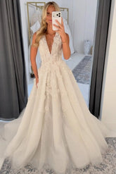 Deep V-Neck Illusion Lace Corset 3D Floral Applique Glitter Tulle A-Line Wedding Dress Low V-Back Cathedral Train Bridal Gown