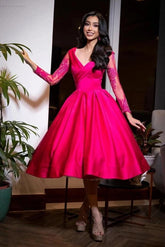 Deep V-Neck Long Sleeve Floral Applique Beaded A-Line Satin Tea Length Party Dress