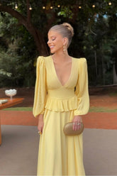 Deep V Neck Long Sleeves Long Formal Dress With Ruffles Pleated