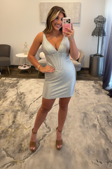 Deep V-Neck Rhinestone Boned Corset Satin Open Back Bodycon Homecoming Dress Mini
