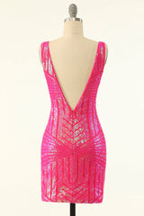 Deep V-Neck Wide Strap Geometric Chevron Pattern Sequin Open Back Bodycon Homecoming Dress Mini