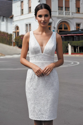 Deep V-Neck Wide Strap Shimmer Jacquard Lace Fitted Pencil Sheath Knee Length Wedding Dress Low V-Back