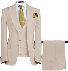 Deluxe Beige Three-Piece Peaked Lapel Prom Suit For Men