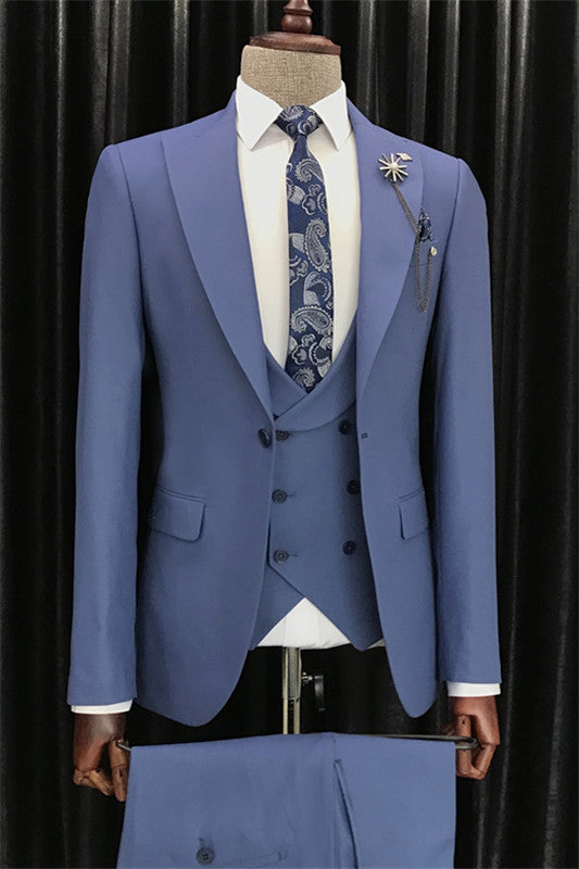 Deluxe Blue Three-Piece Peaked Lapel Prom Suit For Men