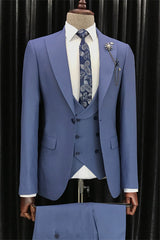 Deluxe Blue Three-Piece Peaked Lapel Prom Suit For Men