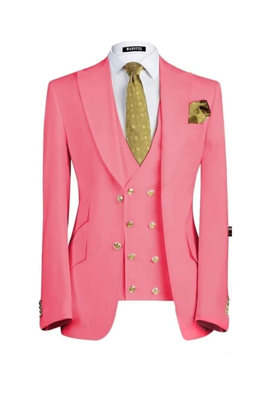 Deluxe Candy Pink Three-Piece Peaked Lapel Prom Suit For Men