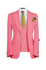 Deluxe Candy Pink Three-Piece Peaked Lapel Prom Suit For Men