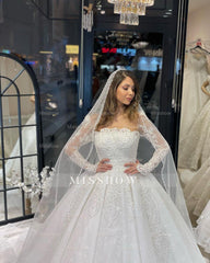 Deluxe Floor Length Long Sleeves A-Line Lace Wedding Dress with Ruffles