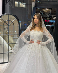 Deluxe Floor Length Long Sleeves A-Line Lace Wedding Dress with Ruffles