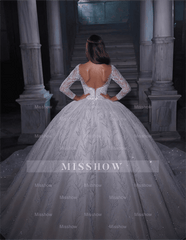 Deluxe Floor Length Sweetheart Long Sleeves A-Line Sequined Wedding Dress with Ruffles