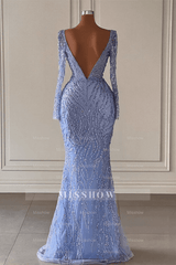 Deluxe Floor Length V-Neck Long Sleeves Mermaid Satin Prom Dress with Beads