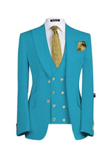 Deluxe Lake Blue Three-Piece Peaked Lapel Prom Suit For Men